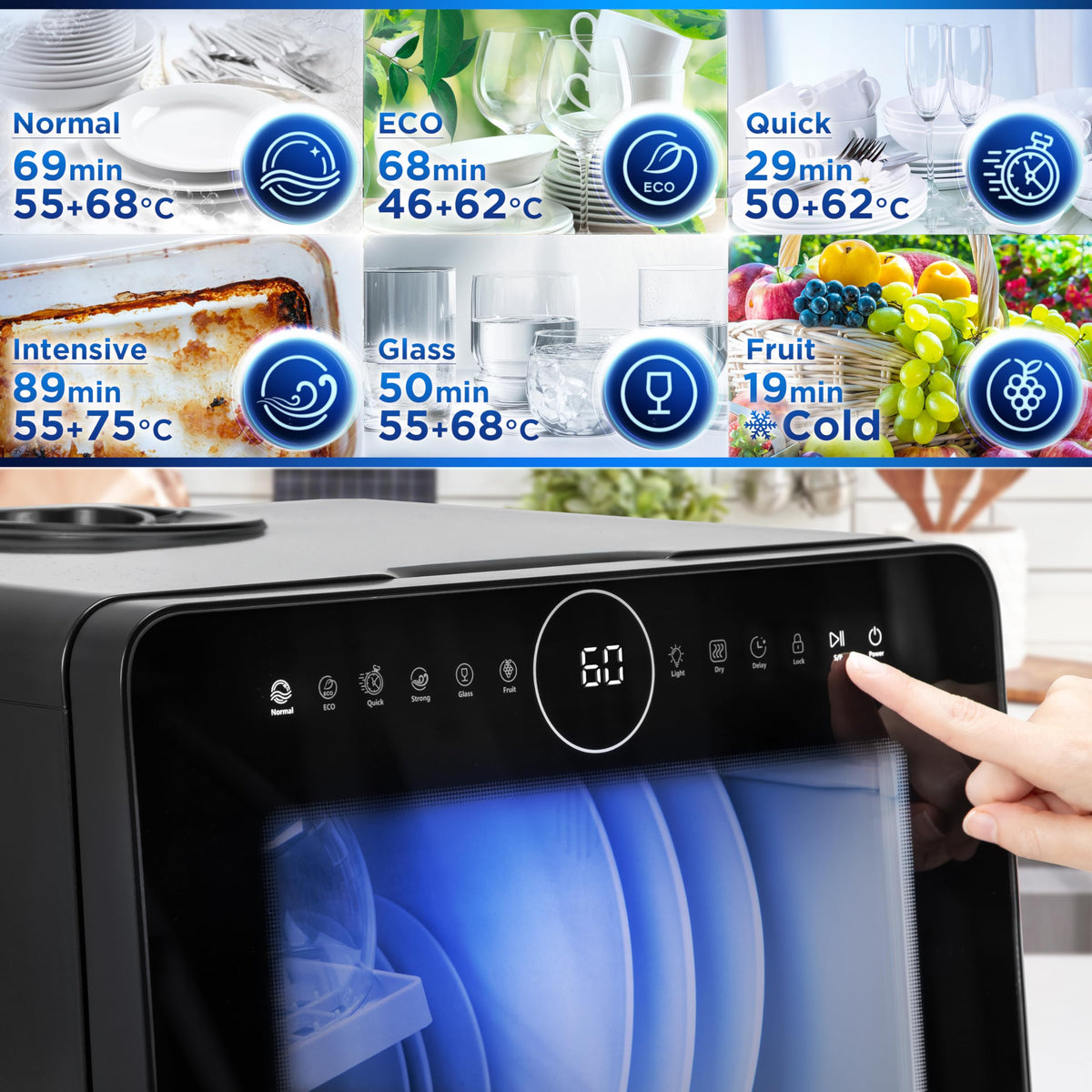 Duronic DW5 BK Lave-vaisselle de table 950W lave vaisselle posable portable compact gain de place pour petite cuisine 7 programmes de lavage séchage efficace pratique