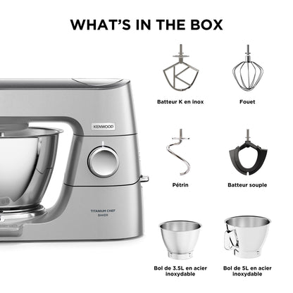 Kenwood Titanium Chef Baker KVC85.004SI Robot Patissier avec Balance Intégrée, Inclus Ensemble Pâtisserie 3 Pièces, Bol de Mélange de 5L et 3.5L, Régulateur de Vitesse Progressif, 1200W, Argenté