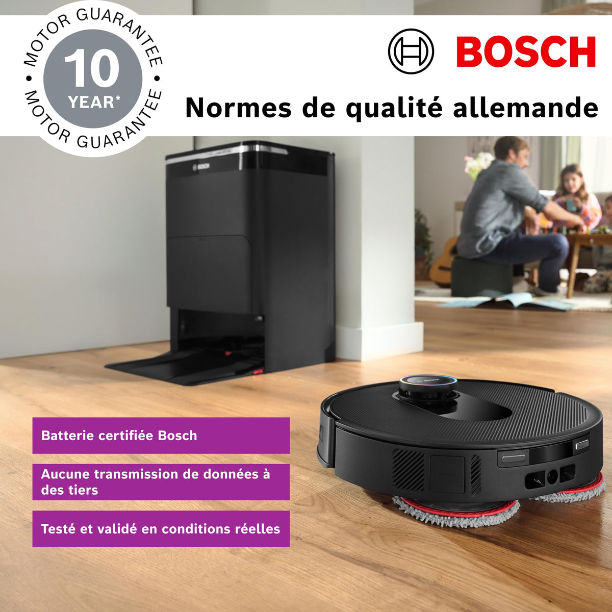 Bosch Spotless Max Cam BCRDW3BX, Robot aspirateur-Laveur avec caméra Smart Vision, serpillère rotative, 11 000 Pa, Station de Service sèche-Humide, Application Home Connect, Noir