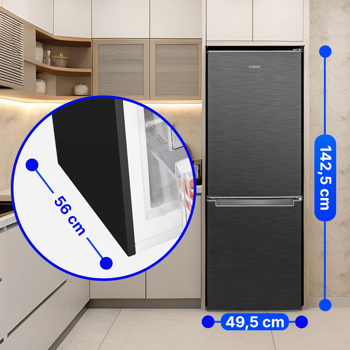 Bomann, Réfrigérateur et Congélateur 173L KG7359-Noir, 121L Réfrigérateur, 52L Congélateur 4 Étoiles, Contrôle Température, Éclairage LED, Design Réversible, Idéal pour Cuisine Moderne