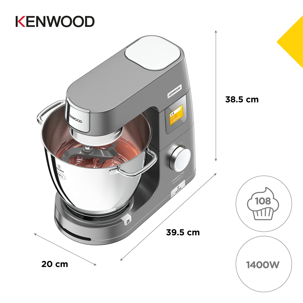 Kenwood Titanium Chef Patissier XL KWL90.034SI, Robot Patissier Balance Intégrée, Batteur K, Pétrin, Fouet, Batteur Souple, Deux Bols, Couvercle Anti-Projections, 1400W, Acier, Argent