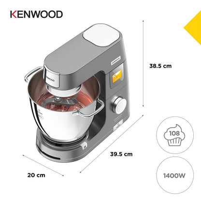 Kenwood Titanium Chef Patissier XL KWL90.034SI, Robot Patissier Balance Intégrée, Batteur K, Pétrin, Fouet, Batteur Souple, Deux Bols, Couvercle Anti-Projections, 1400W, Acier, Argent