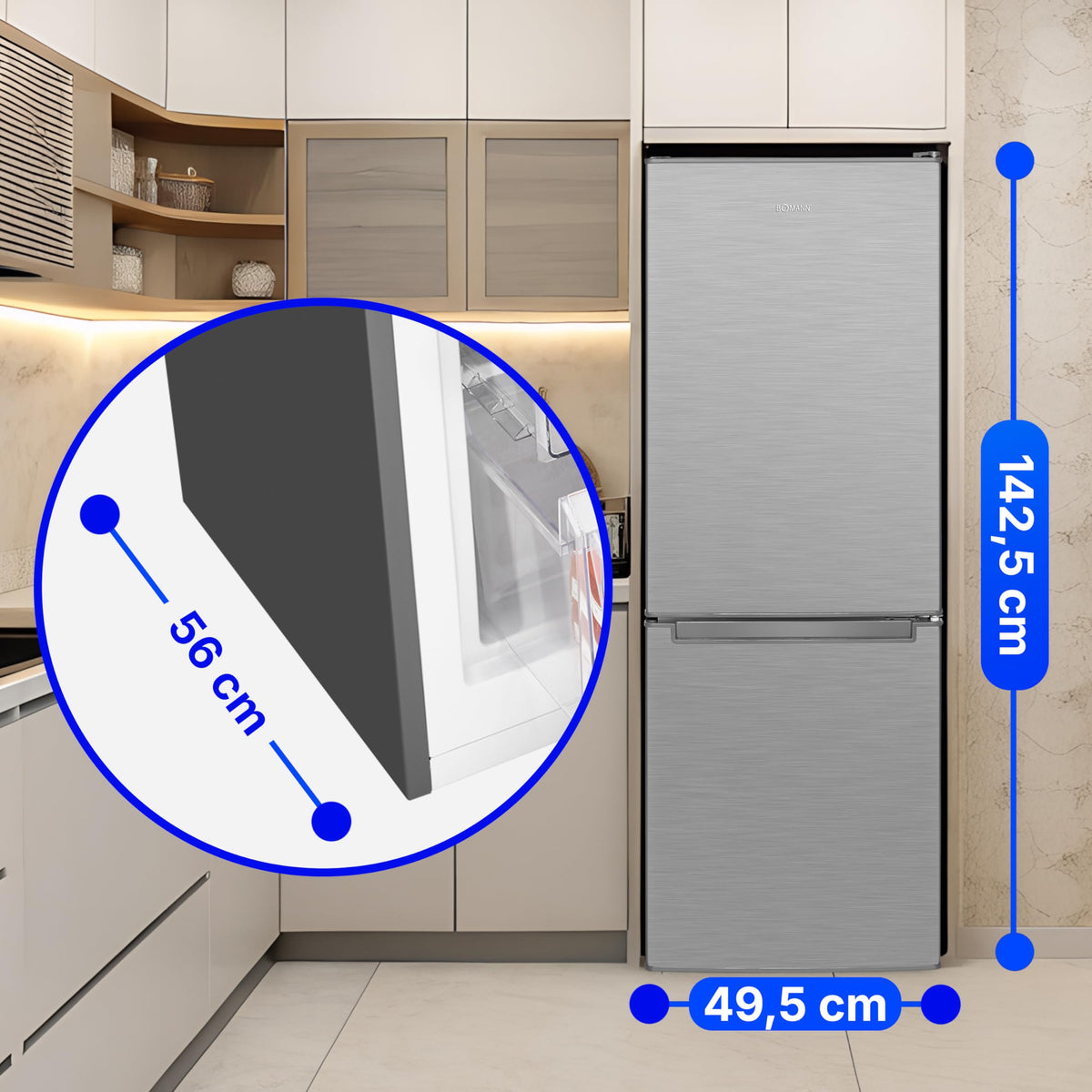 Bomann, Réfrigérateur et Congélateur 173L Inox KG7359 - Réfrigérateur 121L, Congélateur 52L, Éclairage LED, Contrôle Température, Alarme Ouverture, Économie Énergie, Dimensions 142,5x49,5x56 cm
