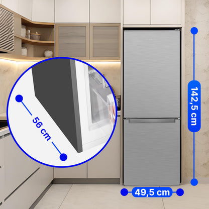 Bomann, Réfrigérateur et Congélateur 173L Inox KG7359 - Réfrigérateur 121L, Congélateur 52L, Éclairage LED, Contrôle Température, Alarme Ouverture, Économie Énergie, Dimensions 142,5x49,5x56 cm