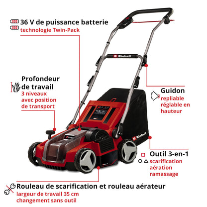 Einhell Scarificateur-aérateur sans fil GE-SA 36/35 Li-Solo Power X-Change (36 V, moteur sans charbon, rouleau de scarification 35 cm) Livré sans batterie ni chargeur