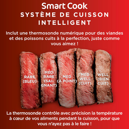 Ninja 5-en-1 Grill d’intérieur et friteuse sans huile, 5 modes, cuit jusqu’à 4 hamburgers, capacité 5,7 l, faible dégagement de fumée, thermomètre à viande numérique inclus, Noir/Argent, EG351EU
