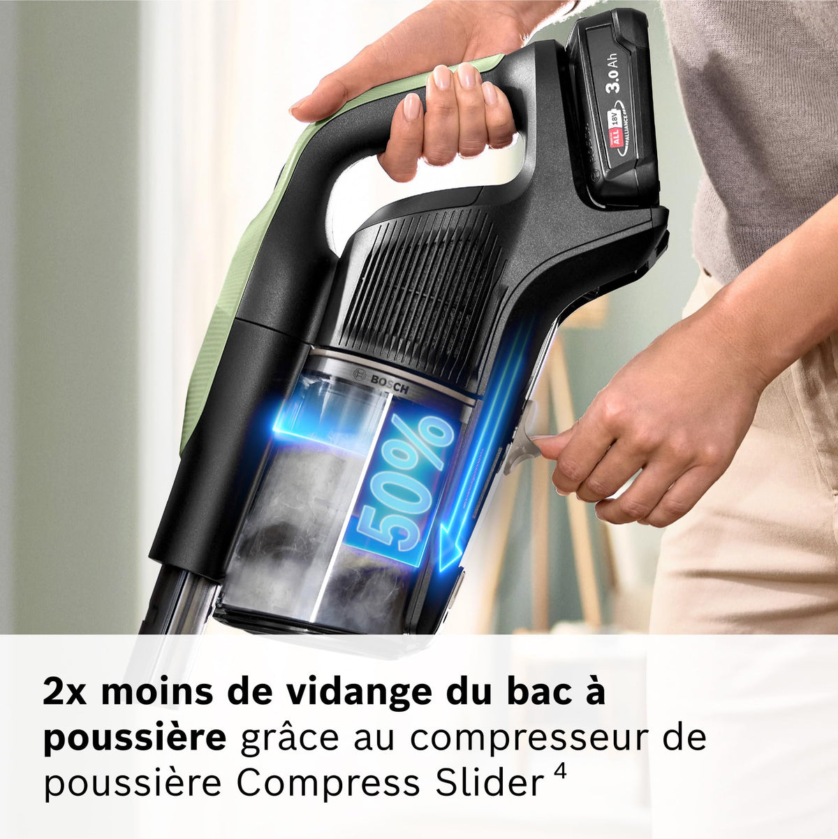 Bosch, aspirateur Balai sans Fil, Unlimited 9, Batterie 3.0 Ah, Technologie MicroClean, bac à poussières Facile à Vider, éclairage LED, Vert, BBS921TBA