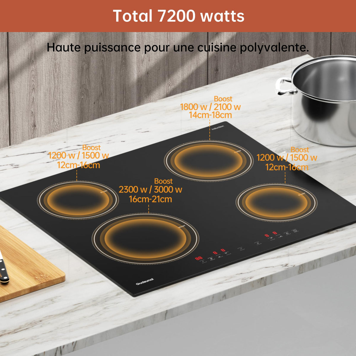 Gudsunal Plaque induction 4 feux, Table de Cuisson Encastrable,7200W, 9 niveaux de chauffage,Boost, Minuterie, Arrêt automatique, Verrouillage de sécu