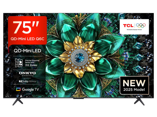 TCL 75Q6C QD-Mini LED TV, 4K HDR Premium 1000nits, Smart TV alimenté par Google (Dolby Vision IQ et Atmos, système Audio Onkyo 2.1, Motion Clarity Pro 144Hz, contrôle Vocal Mains Libres)
