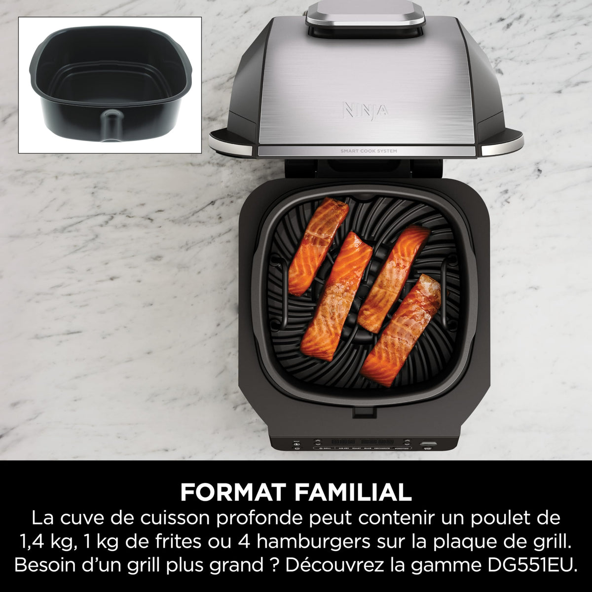 Ninja 5-en-1 Grill d’intérieur et friteuse sans huile, 5 modes, cuit jusqu’à 4 hamburgers, capacité 5,7 l, faible dégagement de fumée, thermomètre à viande numérique inclus, Noir/Argent, EG351EU