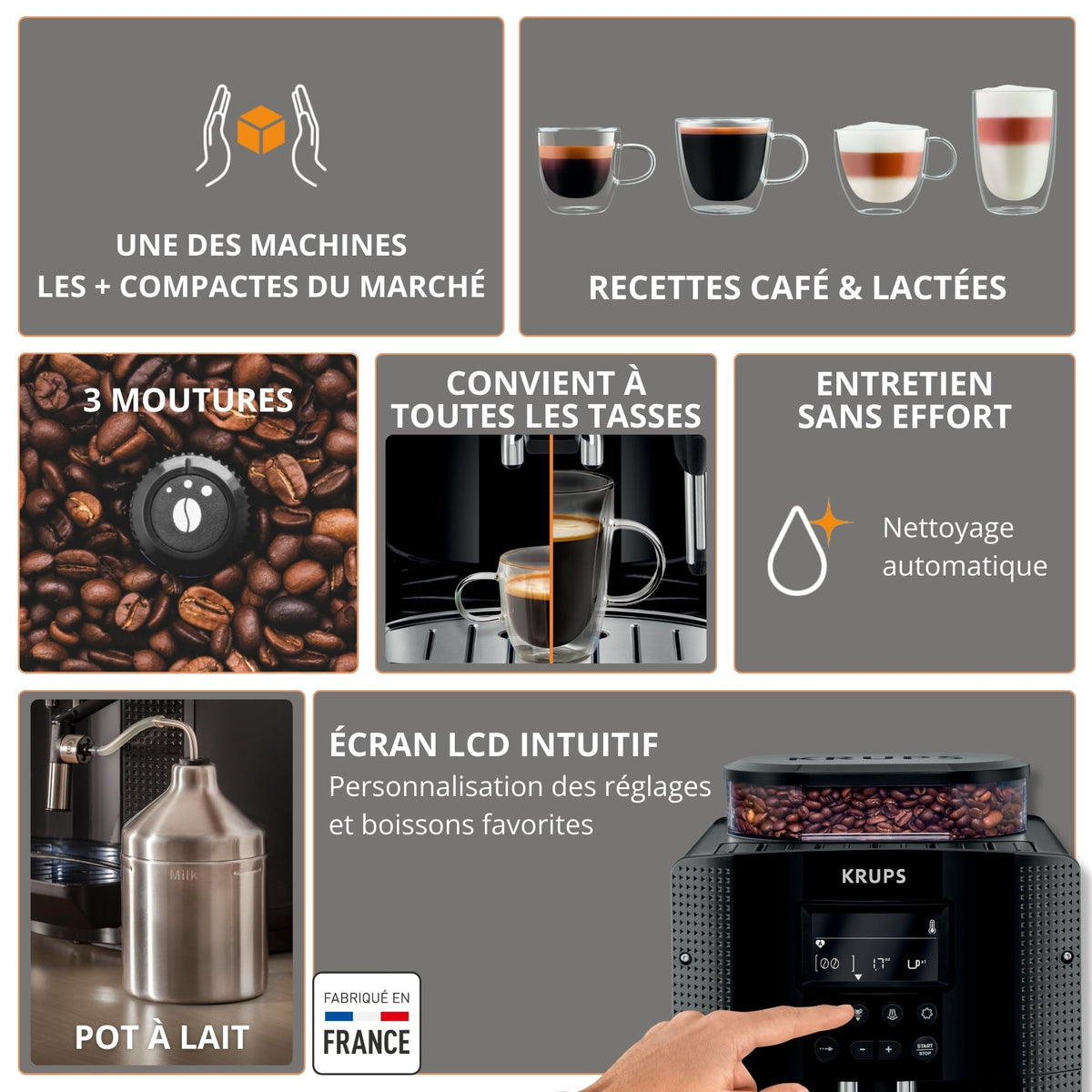 Krups Essential, Machine à café grain, Expresso automatique, 2 tasses simultanées, Ecran LCD, Nettoyage automatique, Buse vapeur, Pot à lait inox Cappuccino, Noire, EA816031