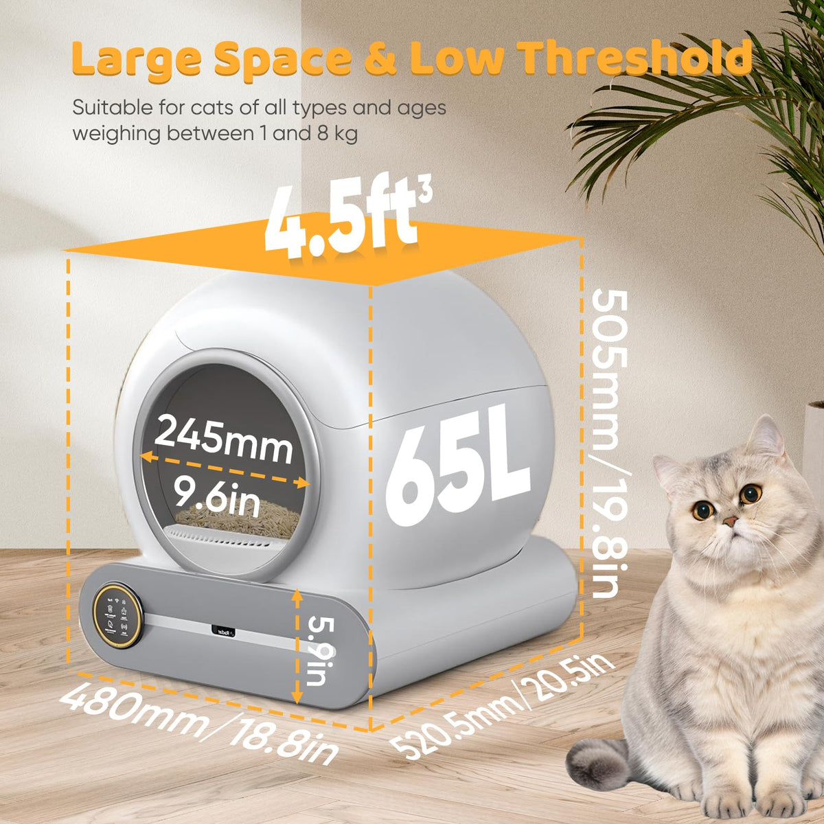 Litiere Chat Autonettoyante Bac à Litter Automatic 65L Bac à Litière pour Chat Automatique, Contrôle par Application, Anti-fuites/Pincement/pour Plusi