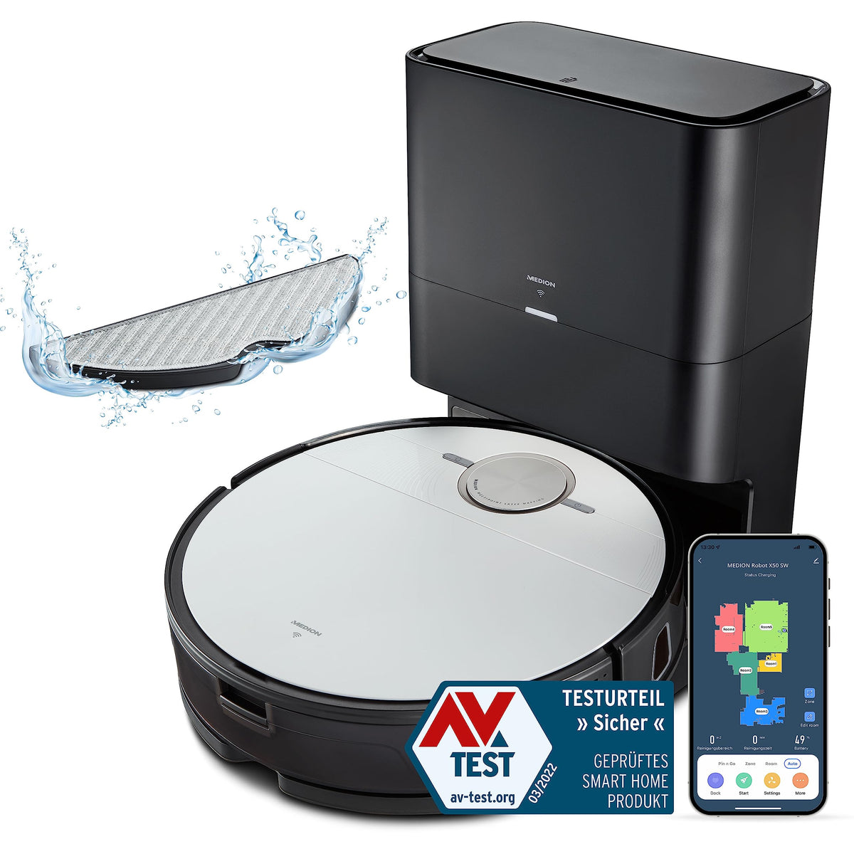 MEDION Robot aspirateur avec Station d'aspiration et de Balayage X50 SW (Navigation Laser, 8 000 Pa, aspirateur 2en1 Alexa, Un Plan précis, Zones Go & NoGo, Plusieurs étages)
