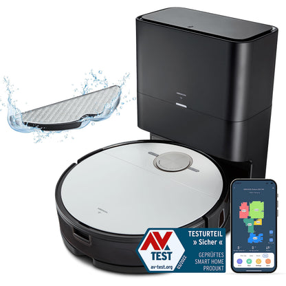 MEDION Robot aspirateur avec Station d'aspiration et de Balayage X50 SW (Navigation Laser, 8 000 Pa, aspirateur 2en1 Alexa, Un Plan précis, Zones Go & NoGo, Plusieurs étages)