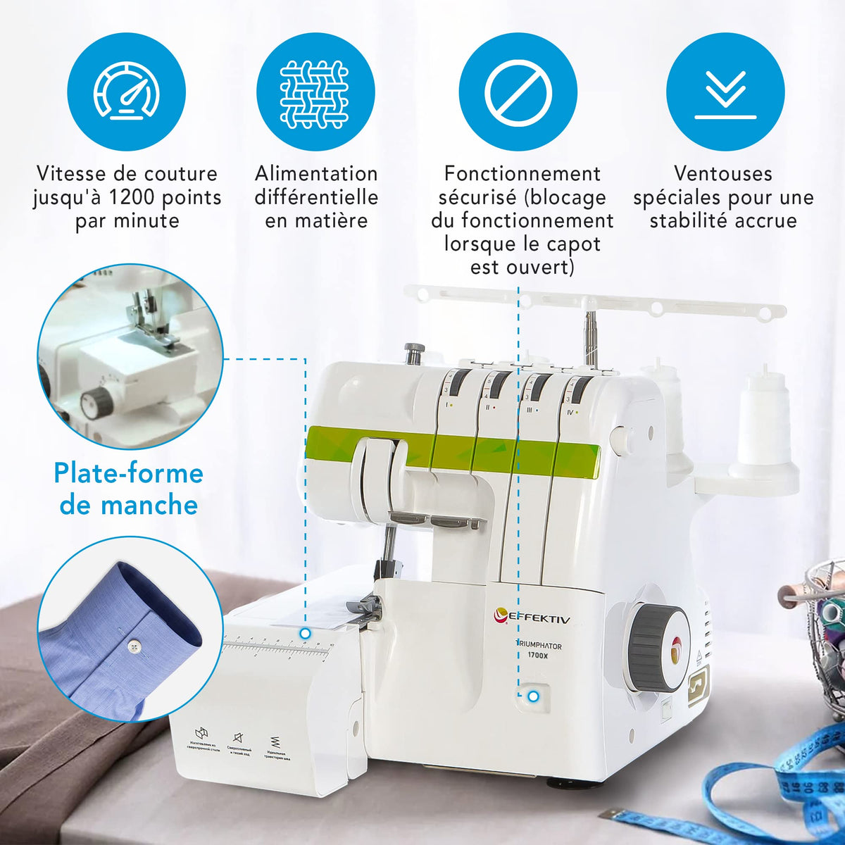 EFFEKTIV Surjeteuse Triumphator 1700X, Machine à Coudre Overlock, Filetage 3/4 Avec Différentiel, Cadre Entièrement en Métal, 14 points, Automatique, Puissant 120 W - 1200 points/min, Pédale (Vert)