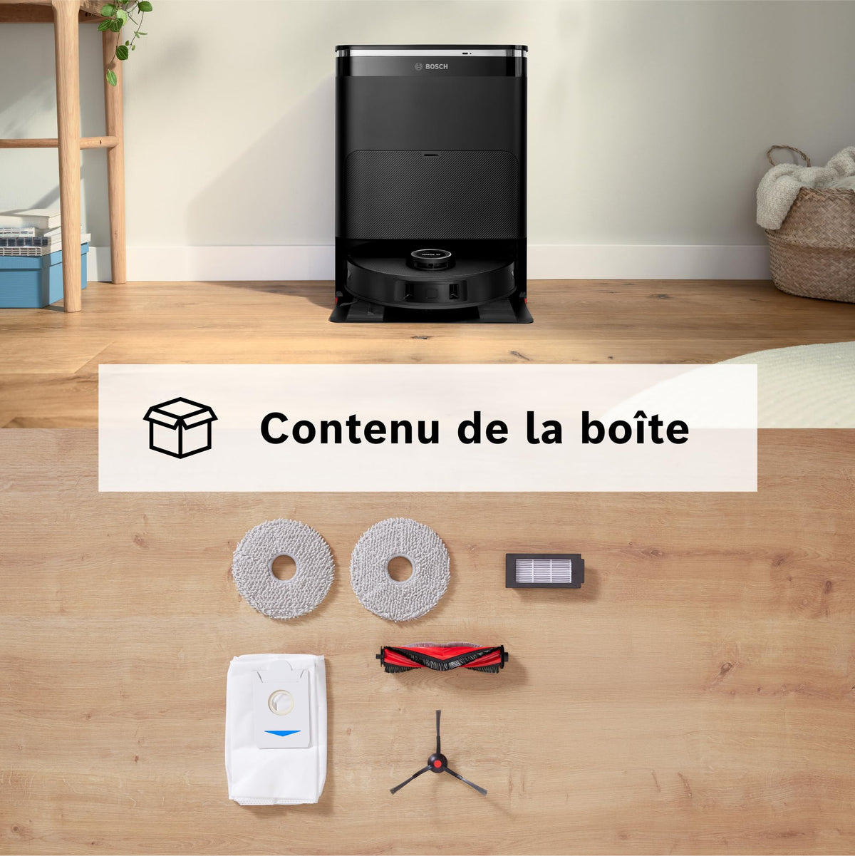 Bosch Spotless Max BCRDW3B, Robot aspirateur-Laveur avec caméra Smart Vision, serpillère rotative, 11 000 Pa, Station de Service sèche-Humide, Application Home Connect, Noir