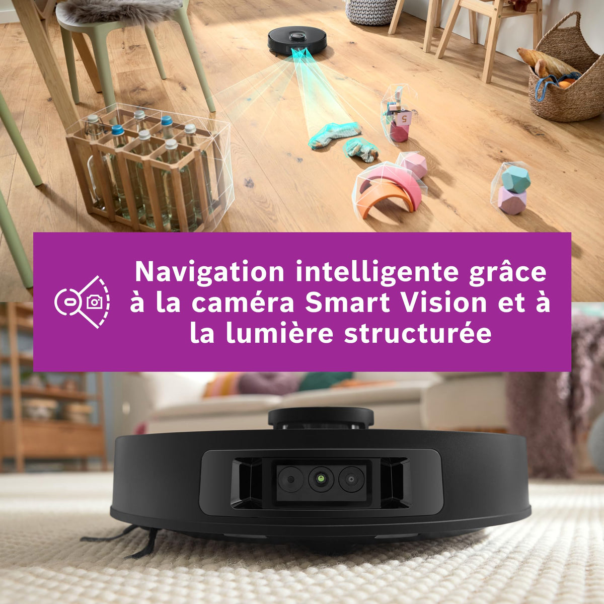 Bosch Spotless Max Cam BCRDW3BX, Robot aspirateur-Laveur avec caméra Smart Vision, serpillère rotative, 11 000 Pa, Station de Service sèche-Humide, Application Home Connect, Noir