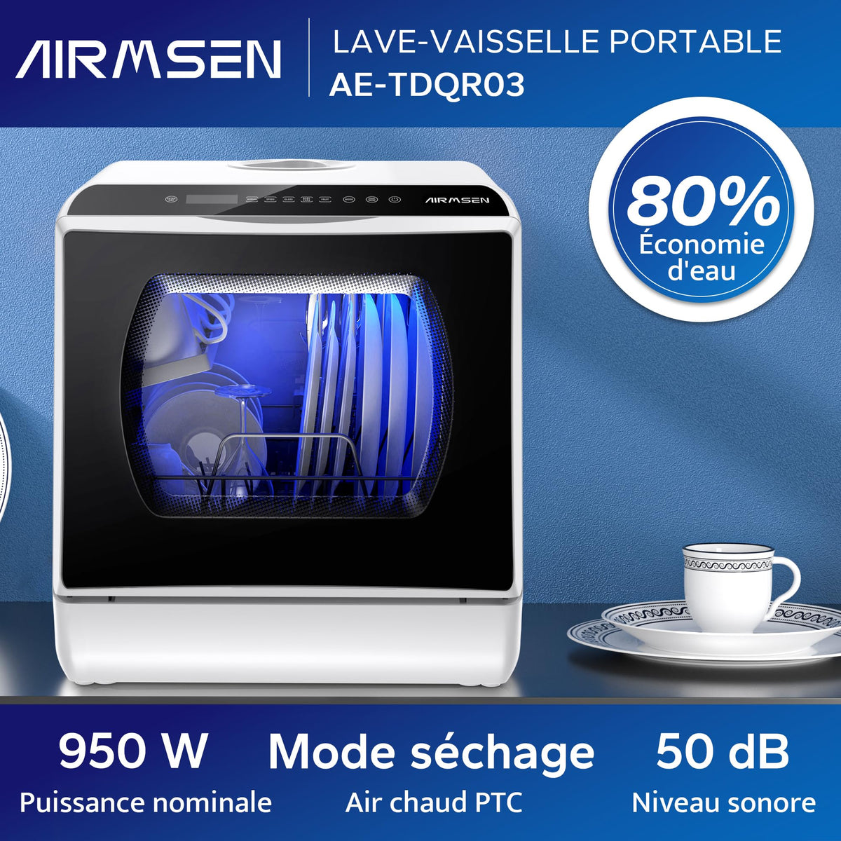 AIRMSEN Mini Lave-Vaisselle de Comptoir, 5+1 Programmes, Réservoir d'Eau de 5L, Contrôle Tactile et Écran LED, Adapté pour les Cuisines Familiales, Appartements et Dortoirs, Blanc et noir