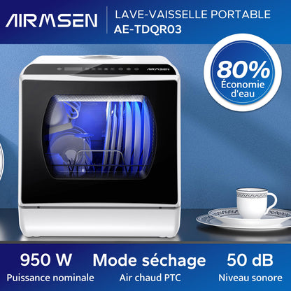 AIRMSEN Mini Lave-Vaisselle de Comptoir, 5+1 Programmes, Réservoir d'Eau de 5L, Contrôle Tactile et Écran LED, Adapté pour les Cuisines Familiales, Appartements et Dortoirs, Blanc et noir