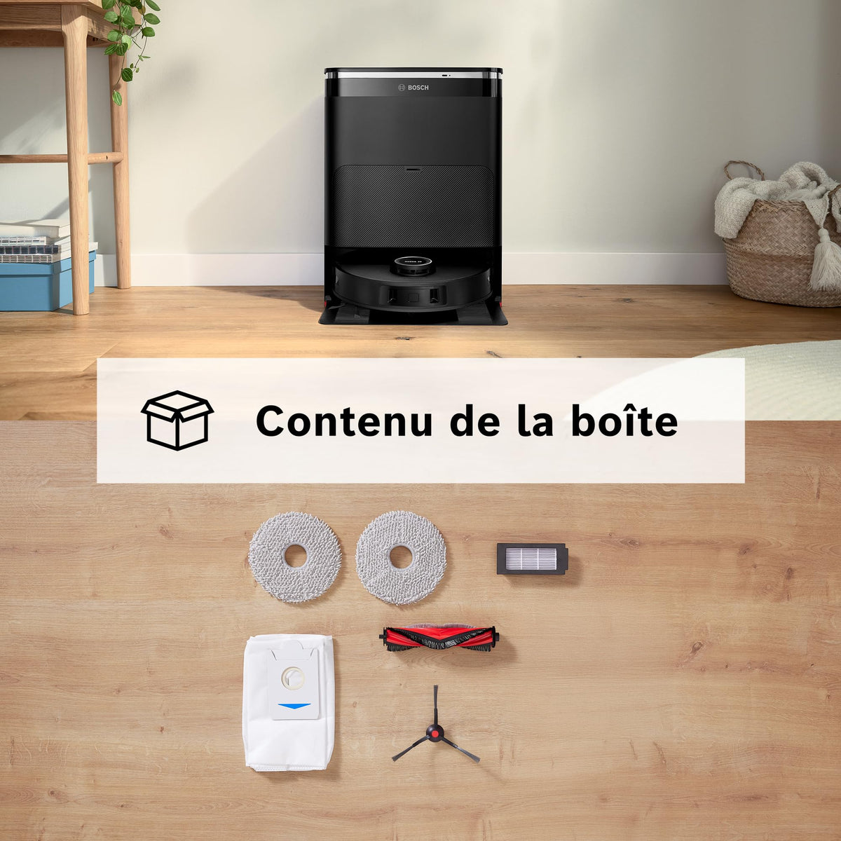 Bosch Spotless Max Cam BCRDW3BX, Robot aspirateur-Laveur avec caméra Smart Vision, serpillère rotative, 11 000 Pa, Station de Service sèche-Humide, Application Home Connect, Noir