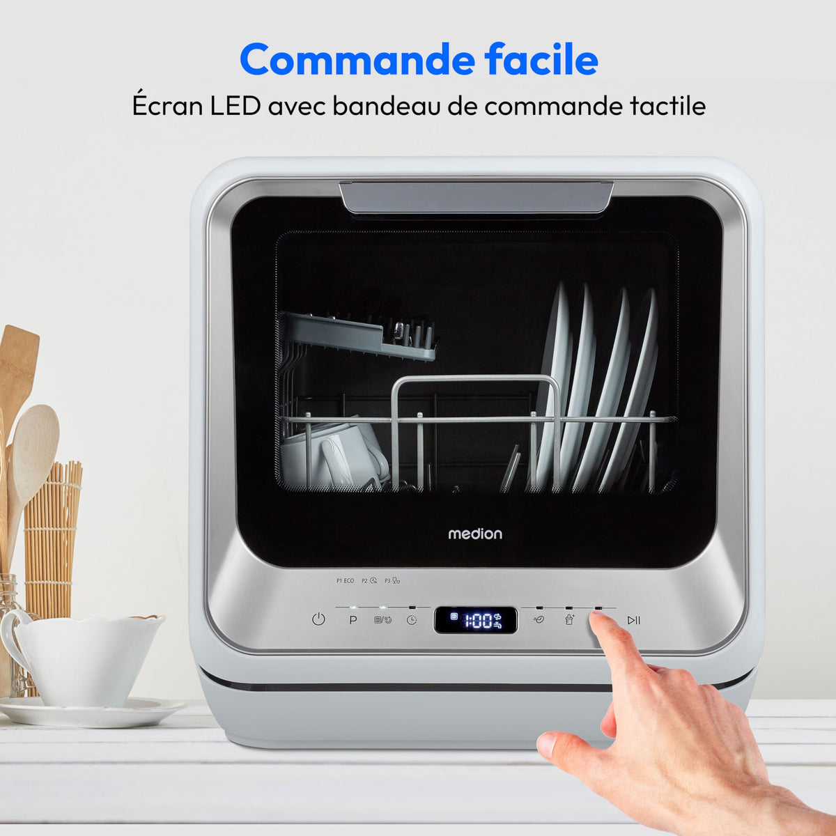 MEDION Mini lave-vaisselle DWT20 (lave-vaisselle de table, lave-vaisselle, 2 couverts, fonctionne avec/sans raccordement à l'eau, 6 programmes de nettoyage, biberons, départ différé, pose libre) argen