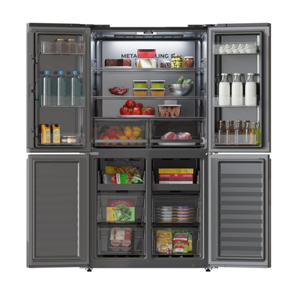 Cecotec Réfrigérateur Américain 4 Portes Bolero CoolMarket 4D 601 Black Glass E. 601L, Moteur Inverter, 90cm, No Frost, ECO, Refroidissement Rapide, Display, Alarme Température, Verre Noir