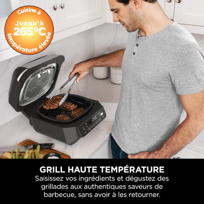 Ninja 5-en-1 Grill d’intérieur et friteuse sans huile, 5 modes, cuit jusqu’à 4 hamburgers, capacité 5,7 l, faible dégagement de fumée, thermomètre à viande numérique inclus, Noir/Argent, EG351EU