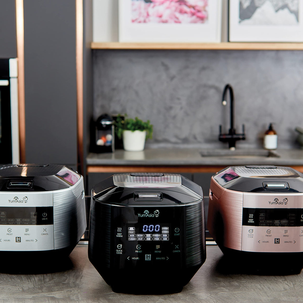 Yum Asia Bamboo Cuiseur à riz avec chauffage à induction (IH) et bol en céramique, 7 fonctions de cuisson au riz, 4 fonctions multicuiseurs, écran LED Motouch – 220-240V EU (Argent métallique)