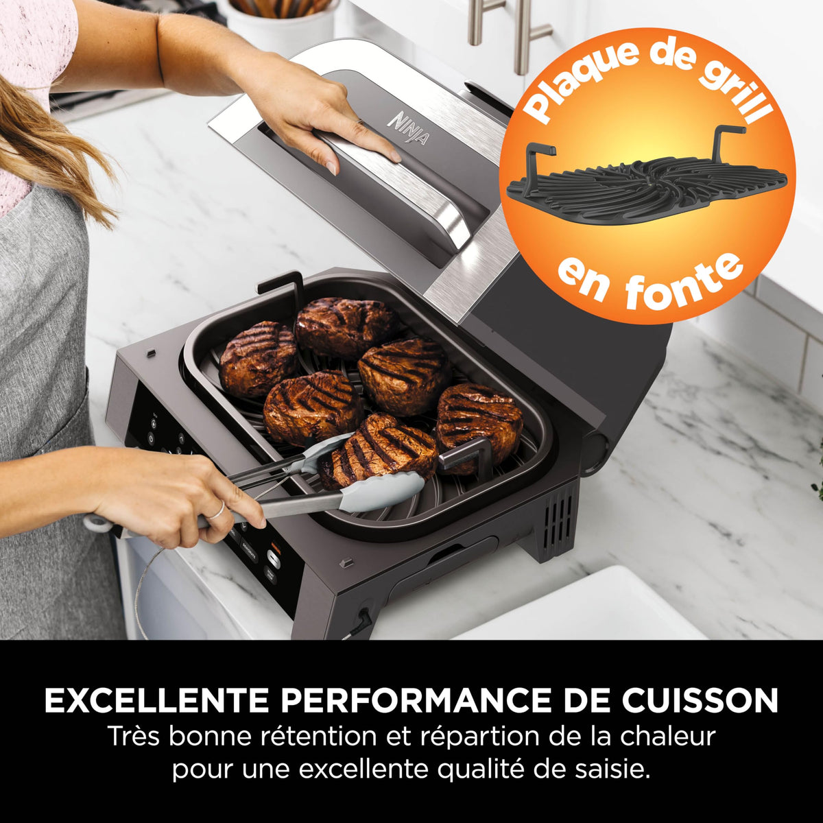 Ninja MAX 6-en-1 Grill d’intérieur et friteuse sans huile, 6 modes, cuit jusqu’à 6 hamburgers, capacité 3,8 l, faible dégagement de fumée, thermomètre à viande numérique inclus, Gris/Argent, DG551EU
