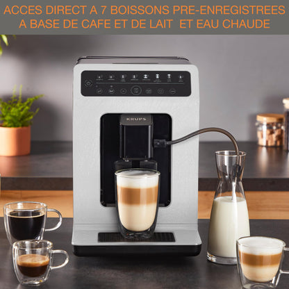 Machine cappuccino et expresso automatique KRUPS Evidence Eco-Design, goût exceptionnel, Quattro Force, boissons à base de lait grâce au système One-Touch, 8boissons préréglées, EA897A