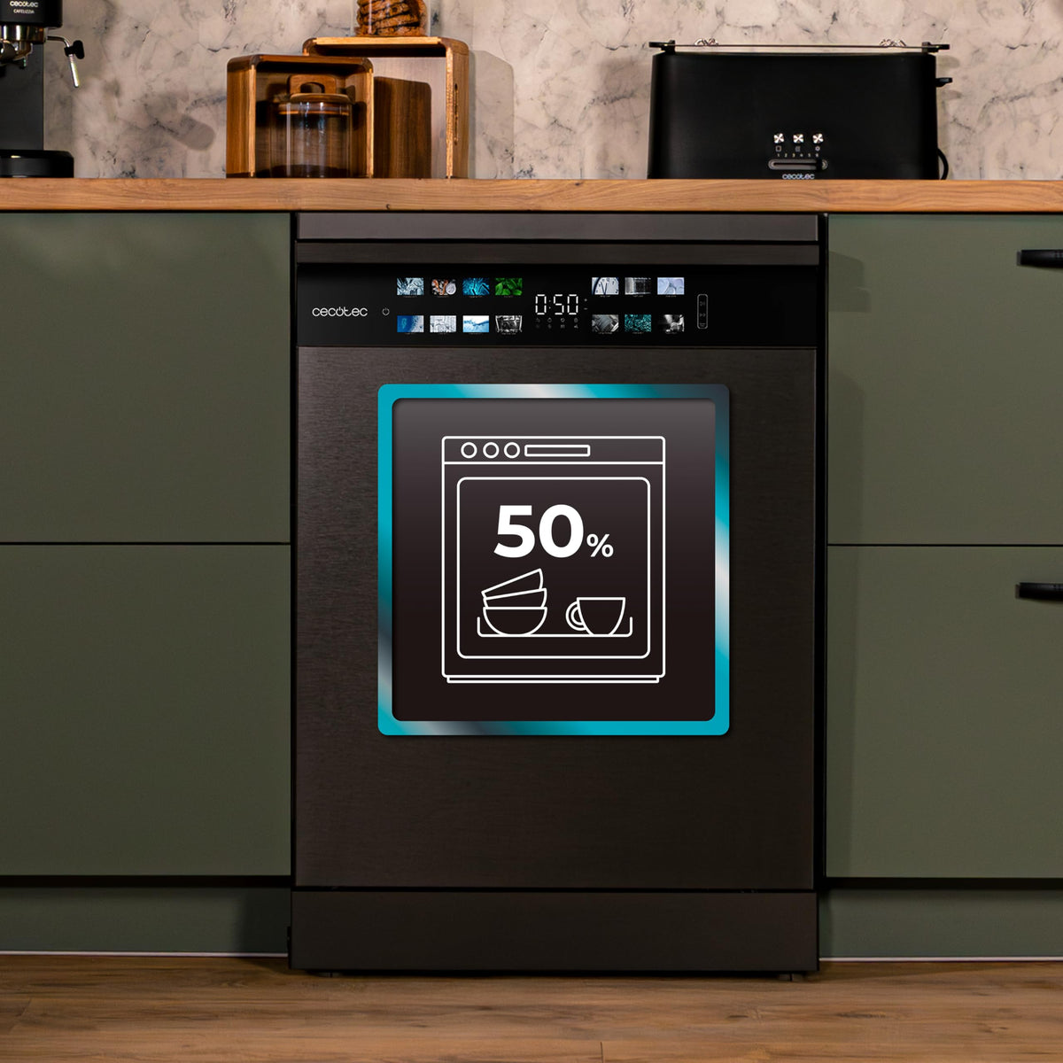 Cecotec Lave-vaisselle 60cm Bolero Aguazero 6700 Dark B Lave-vaisselle foncé, 15 couverts, Classe B, Moteur Inverter Plus, O2 Dry, Lavage Double Zone,