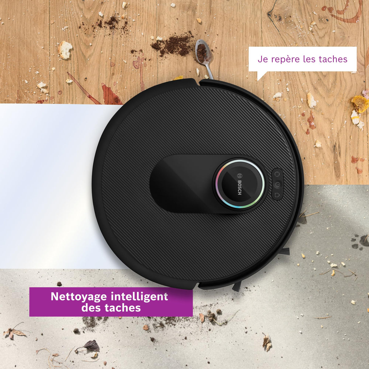 Bosch Spotless Max Cam BCRDW3BX, Robot aspirateur-Laveur avec caméra Smart Vision, serpillère rotative, 11 000 Pa, Station de Service sèche-Humide, Application Home Connect, Noir