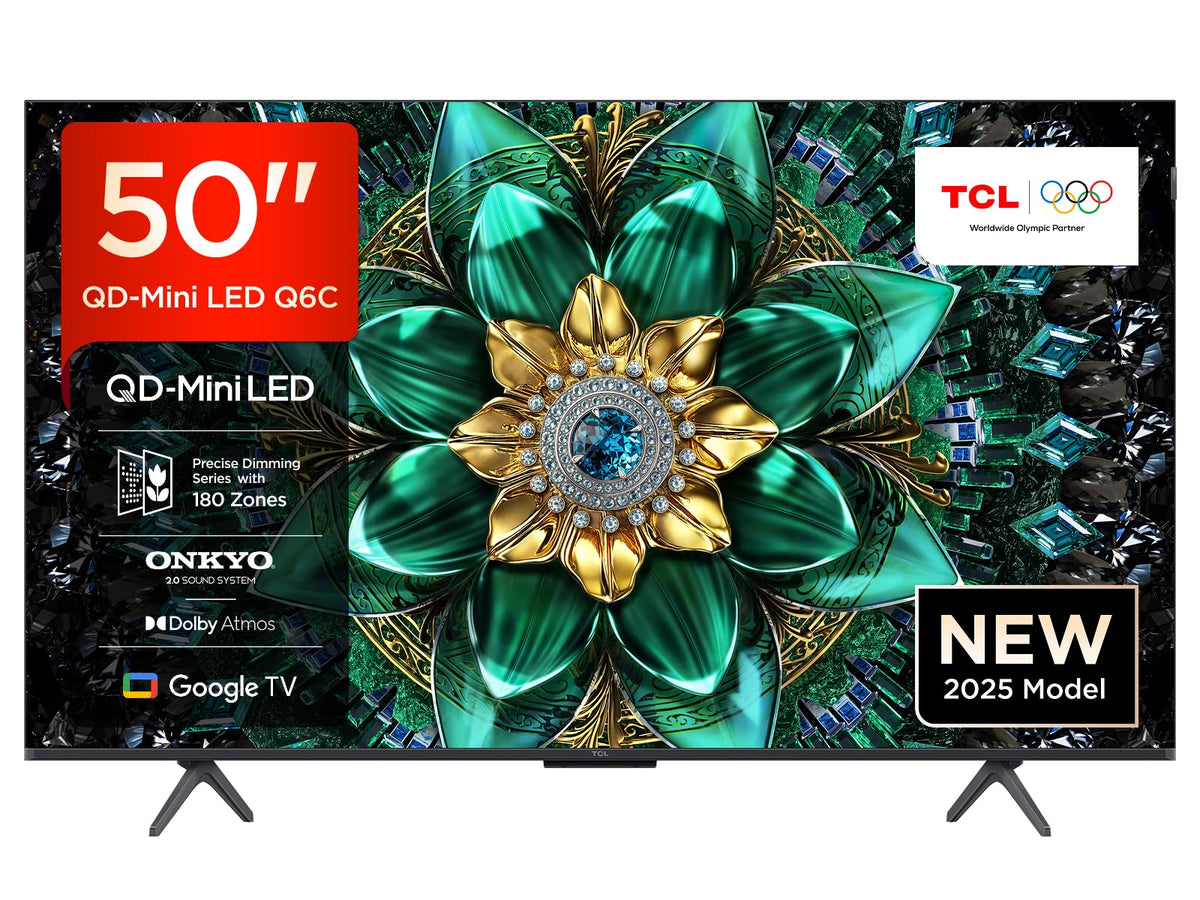 TCL 50Q6C QD-Mini LED TV, 4K HDR Premium 1000nits, Smart TV alimenté par Google (Dolby Vision IQ et Atmos, système Audio Onkyo 2.1, Motion Clarity Pro 144Hz, contrôle Vocal Mains Libres)