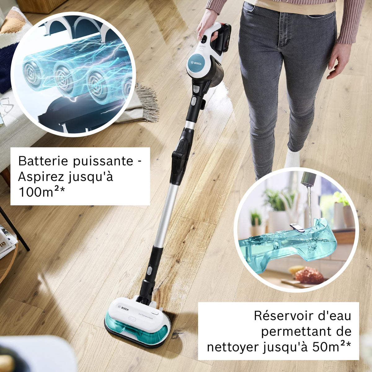 Bosch, aspirateur sans Fil 2 en 1, Unlimited 7 ProHygiène, Brosse Aqua 2 en 1, la Brosse motorisée AllFloor DynamicPower, Blanc, BCS71HYG2
