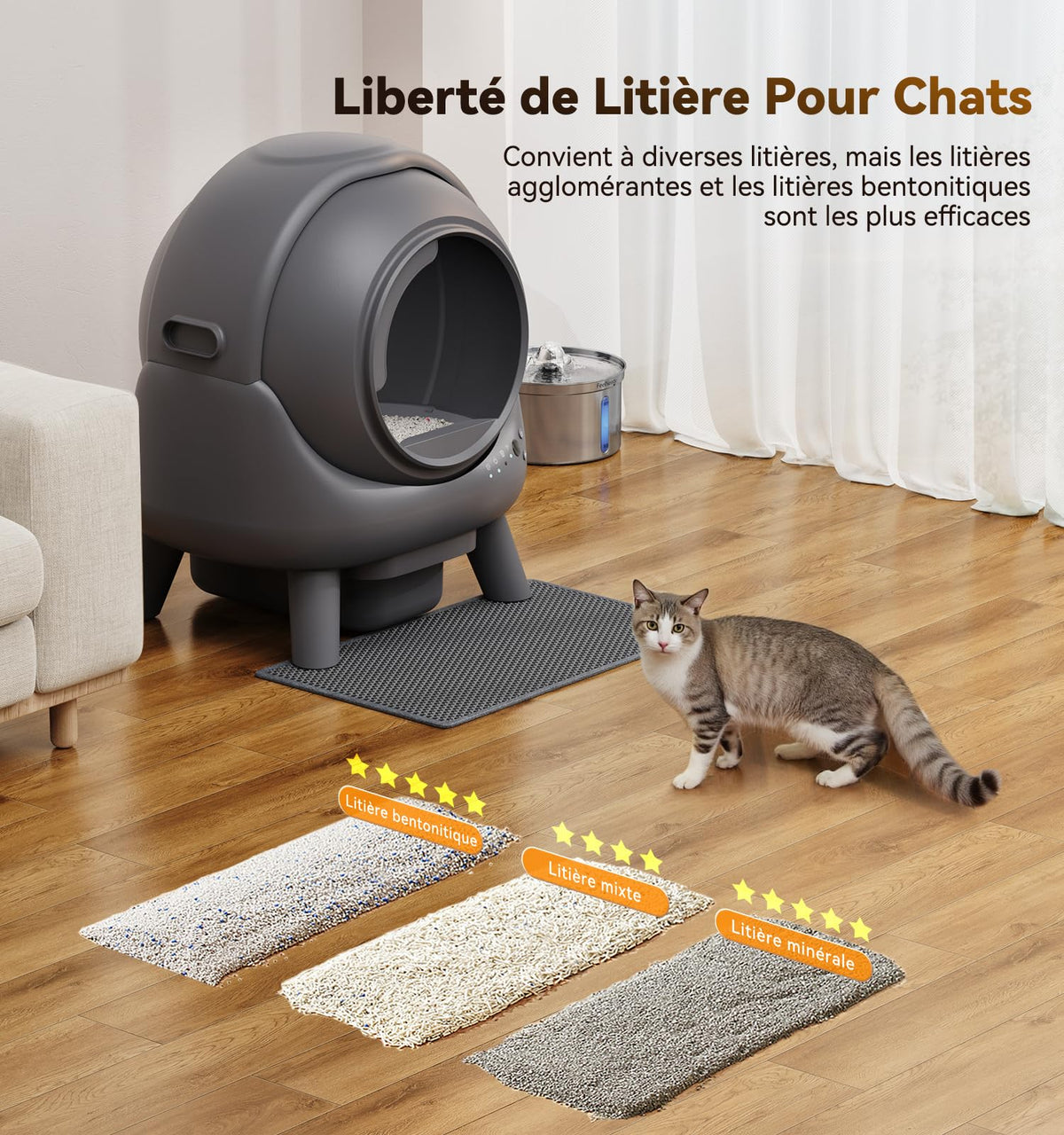 Litiere Chat Autonettoyante FEELNEEDY, Bac à Litière Automatique, Anti-Fuites/Anti-Pincement/Triple Anti-Odeur/Secure/Contrôle APP/Nettoyage Facile, Capacité Maximale de 65L