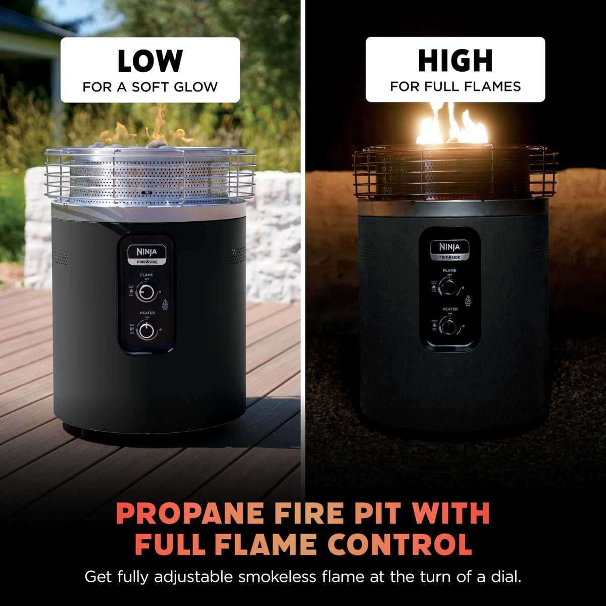 Ninja Fireside360™ Outdoor Heater & Fire Pit with 3 Modes – Flame, Heat, Flame & Heat, Portable for Patio, Deck, Camping, Beach, Easy Control Flames and Heat, Push to Start Ignition, Black, OF101BK