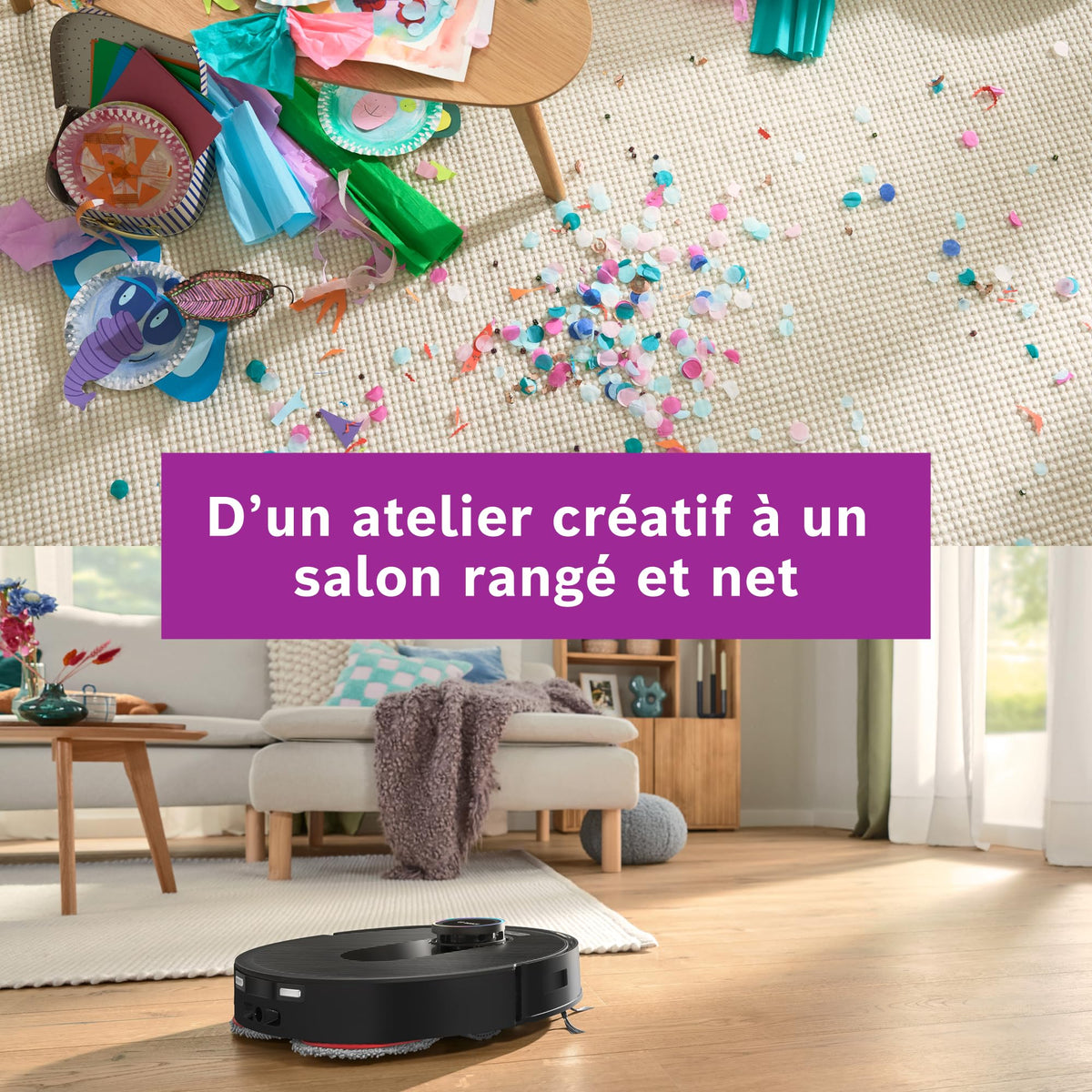 Bosch Spotless Max Cam BCRDW3BX, Robot aspirateur-Laveur avec caméra Smart Vision, serpillère rotative, 11 000 Pa, Station de Service sèche-Humide, Application Home Connect, Noir