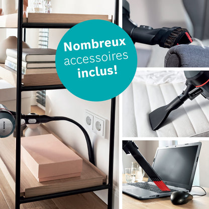 Bosch Electroménager Unlimited 7, BBS712A, aspirateur Balai, 2 Batteries 3.0 Ah Power for All, autonomie de 40 Min par Batterie, Tube Flexible, Poids léger, Accessoires, éclairage LED, Anthracite