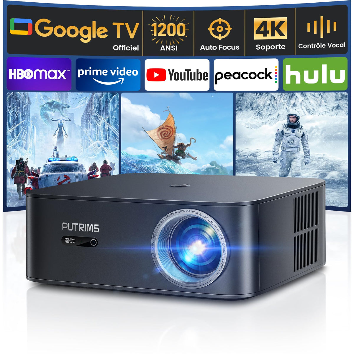 Vidéoprojecteur 4K【1500 ANSI/Google TV】 Netflix/Disney+ Officiel, Auto Focus/Keystone Projecteur WiFi6 Bluetooth Full HD 1080P, Contrôle Vocal, Zoom 50% Projecteur Vidéo de Jour Home Cinéma/Extérieur