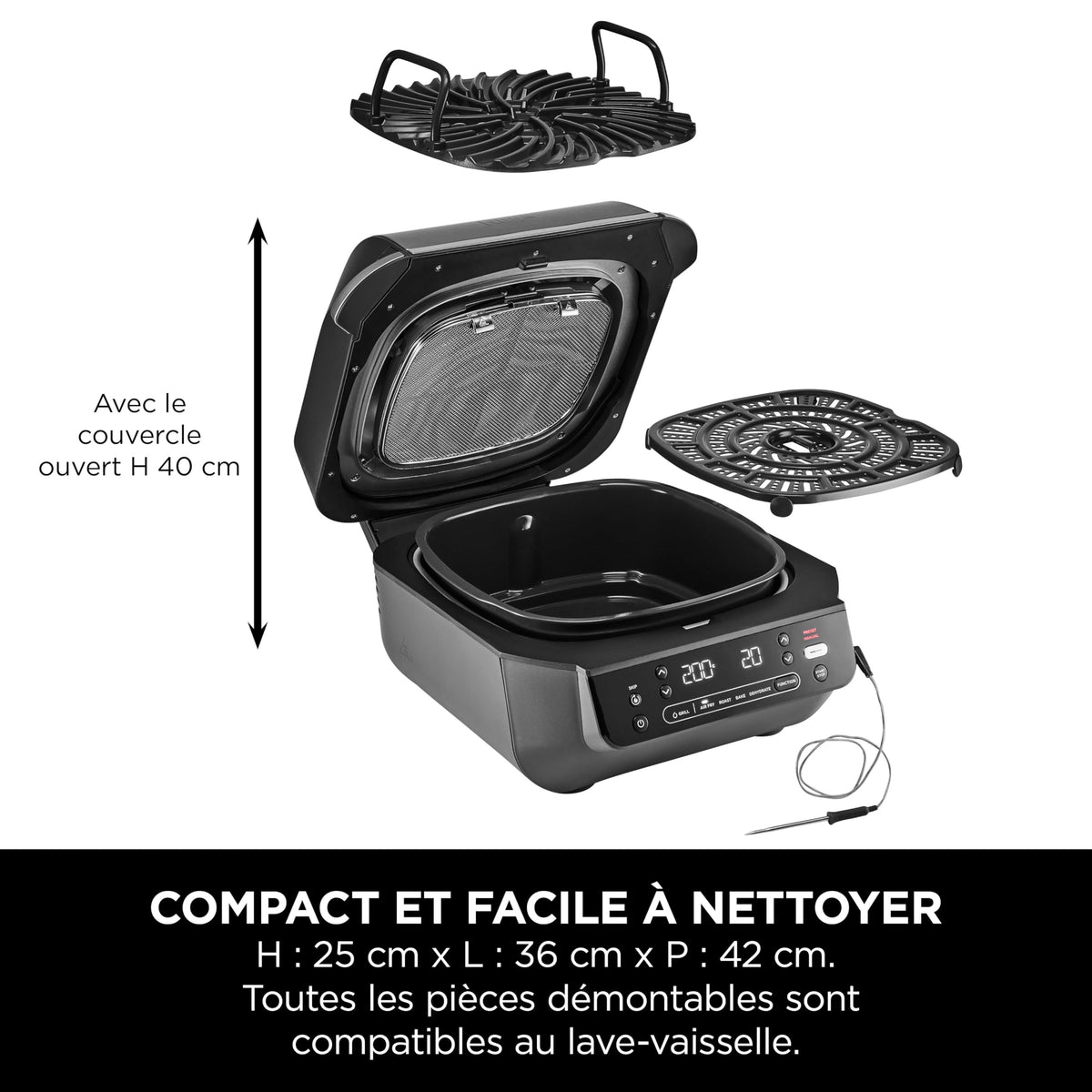 Ninja 5-en-1 Grill d’intérieur et friteuse sans huile, 5 modes, cuit jusqu’à 4 hamburgers, capacité 5,7 l, faible dégagement de fumée, thermomètre à viande numérique inclus, Noir/Argent, EG351EU