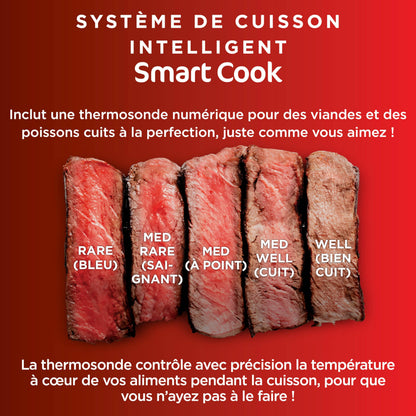 Ninja MAX 6-en-1 Grill d’intérieur et friteuse sans huile, 6 modes, cuit jusqu’à 6 hamburgers, capacité 3,8 l, faible dégagement de fumée, thermomètre à viande numérique inclus, Gris/Argent, DG551EU