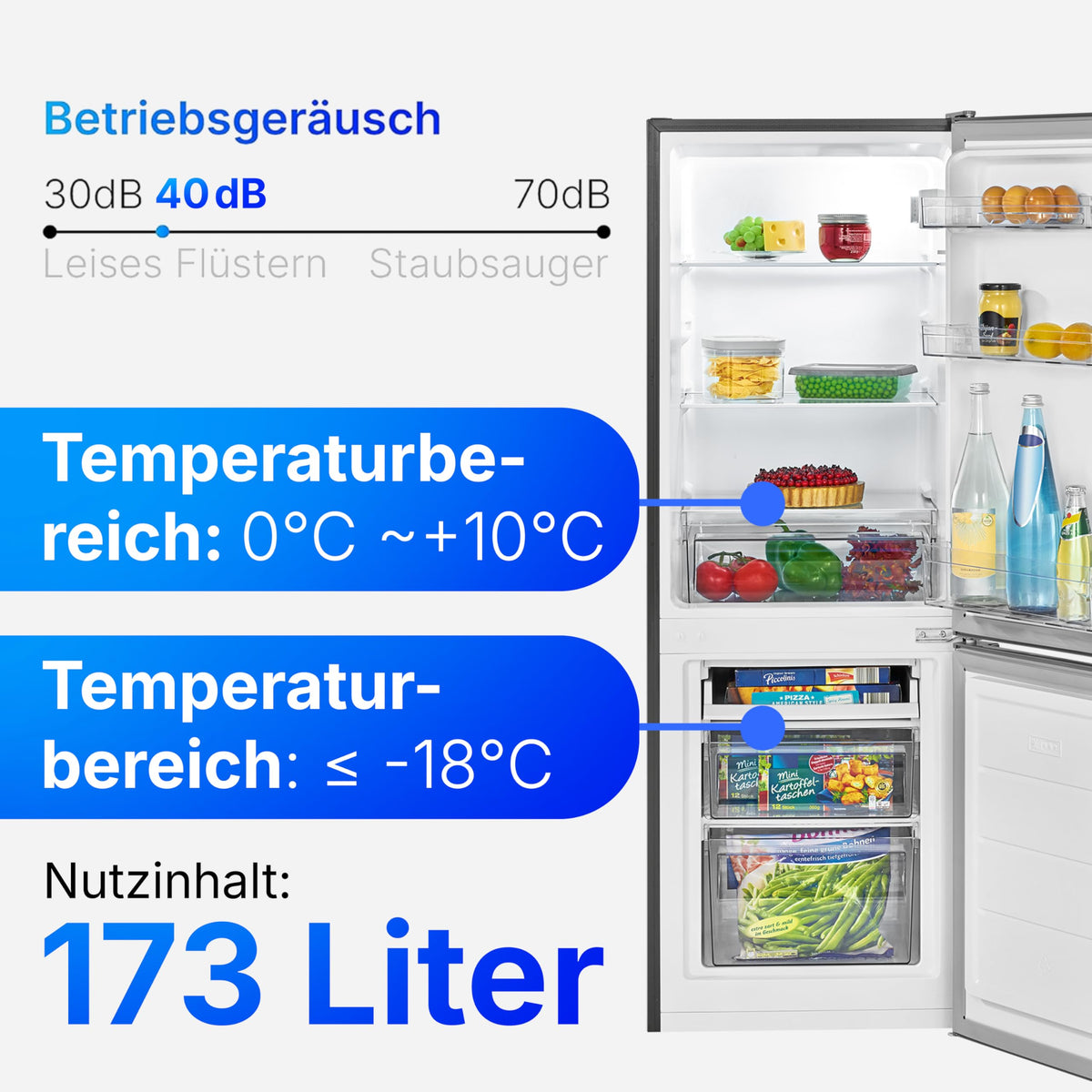 Bomann, Réfrigérateur et Congélateur 173L Inox KG7359 - Réfrigérateur 121L, Congélateur 52L, Éclairage LED, Contrôle Température, Alarme Ouverture, Économie Énergie, Dimensions 142,5x49,5x56 cm