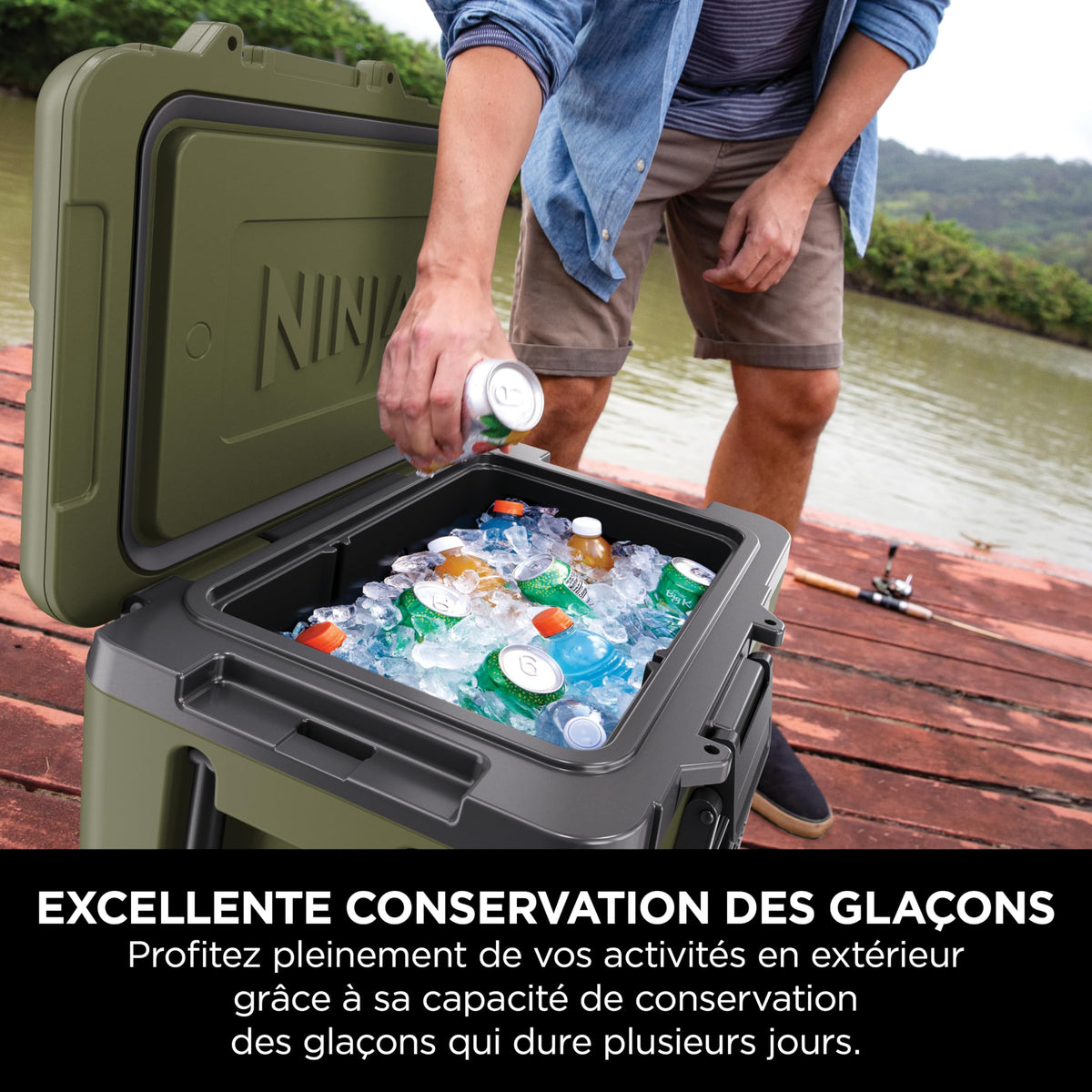 Ninja FrostVault Glacière Robuste et Isotherme, avec Roues et tiroir de Stockage à Sec Dry Zone, Conserve la Glace Plusieurs Jours, Olive