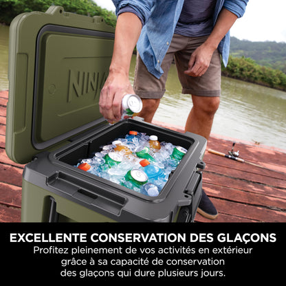 Ninja FrostVault Glacière Robuste et Isotherme, avec Roues et tiroir de Stockage à Sec Dry Zone, Conserve la Glace Plusieurs Jours, Olive