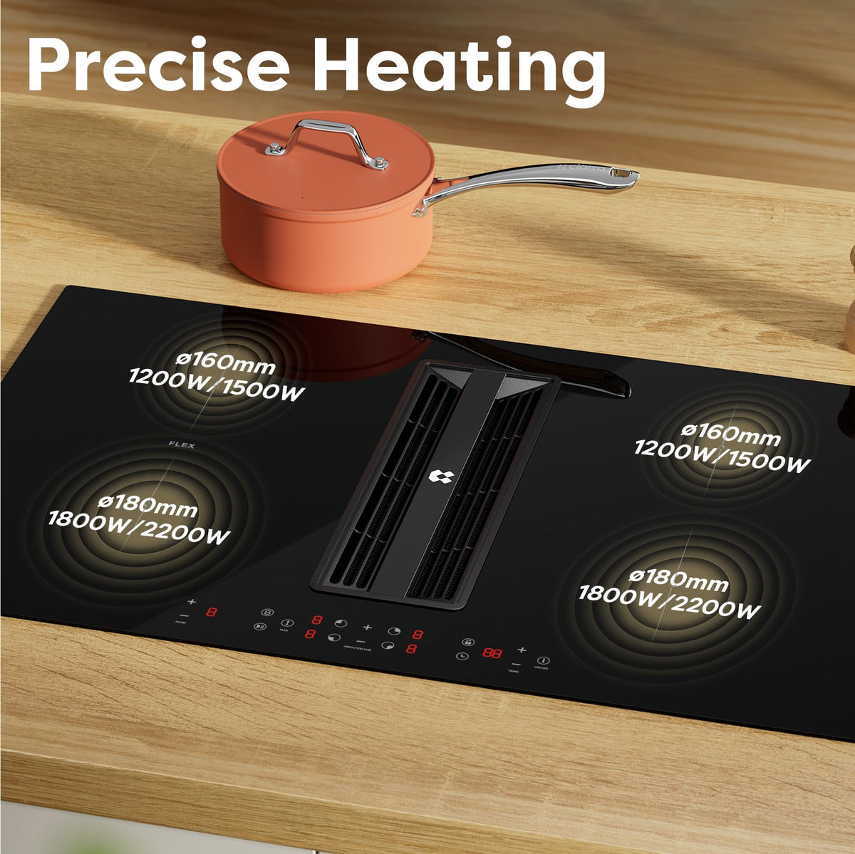 CIARRA One Plaque à Induction et Hotte Intégrée-4 Foyers-83cm-7000W-9 Niveaux de Puissante-500m³/h-Flex zone-Boost-4 Vitesses-Filtration Multiple-Tactile-Verrouillage Enfant