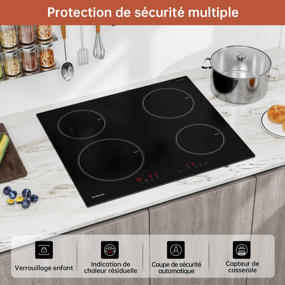 Gudsunal Plaque induction 4 feux, Table de Cuisson Encastrable,7200W, 9 niveaux de chauffage,Boost, Minuterie, Arrêt automatique, Verrouillage de sécu