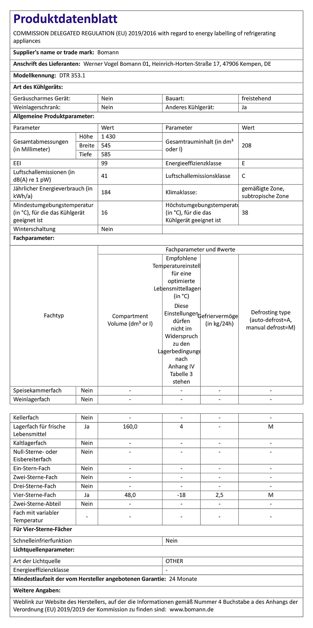 Bomann DTR 353 réfrigérateur-congélateur Autoportante 208 L E Noir, Argent