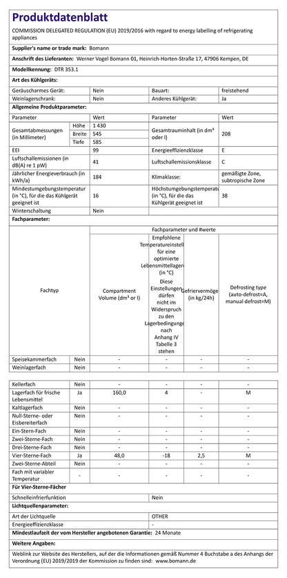 Bomann DTR 353 réfrigérateur-congélateur Autoportante 208 L E Noir, Argent