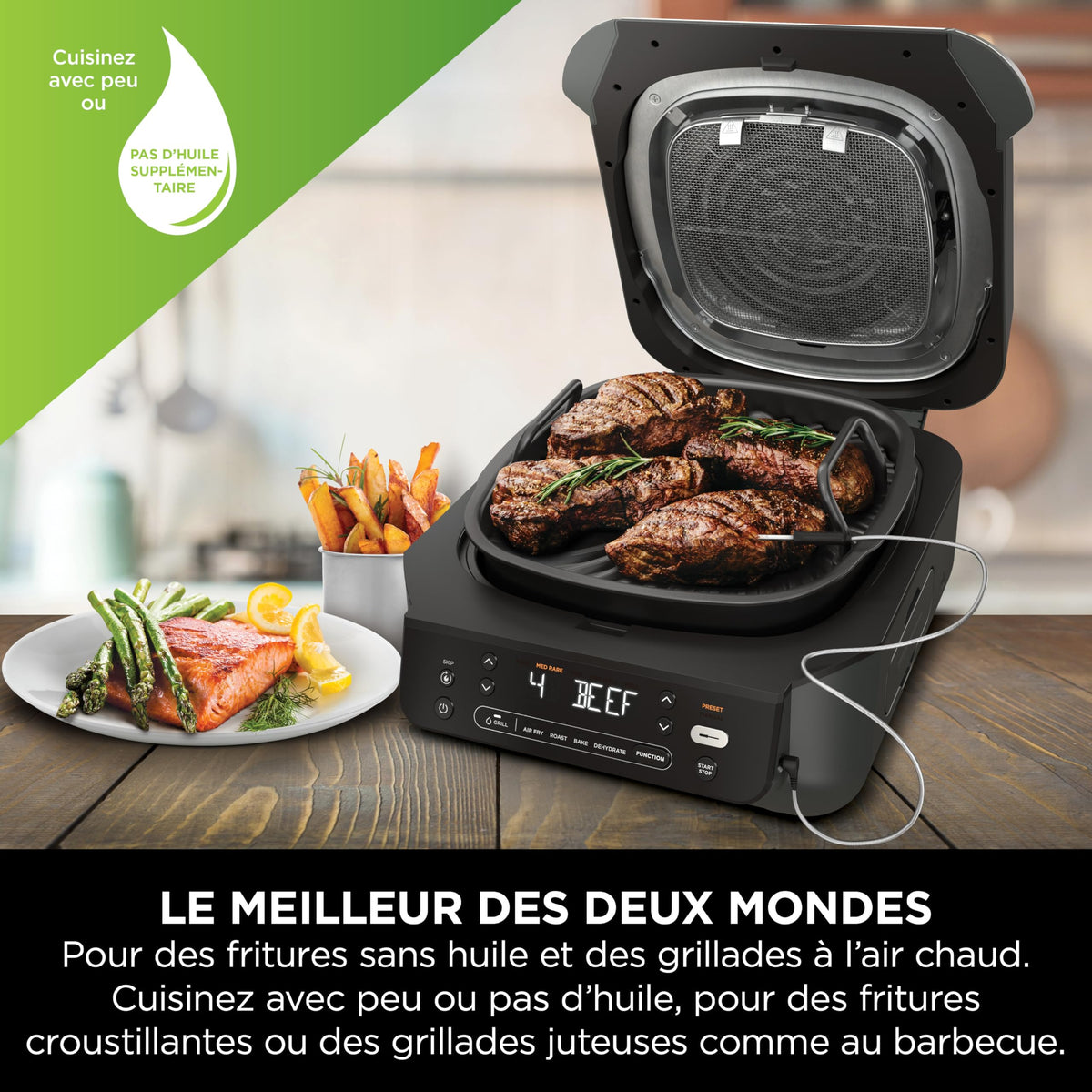 Ninja 5-en-1 Grill d’intérieur et friteuse sans huile, 5 modes, cuit jusqu’à 4 hamburgers, capacité 5,7 l, faible dégagement de fumée, thermomètre à viande numérique inclus, Noir/Argent, EG351EU