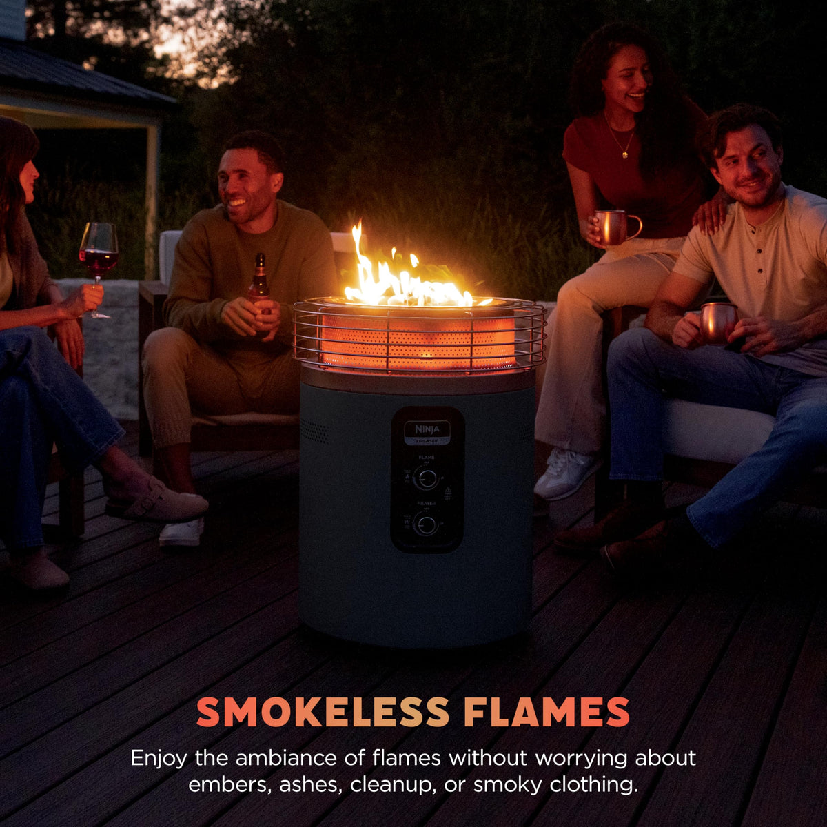 Ninja Fireside360™ Outdoor Heater & Fire Pit with 3 Modes – Flame, Heat, Flame & Heat, Portable for Patio, Deck, Camping, Beach, Easy Control Flames and Heat, Push to Start Ignition, Black, OF101BK